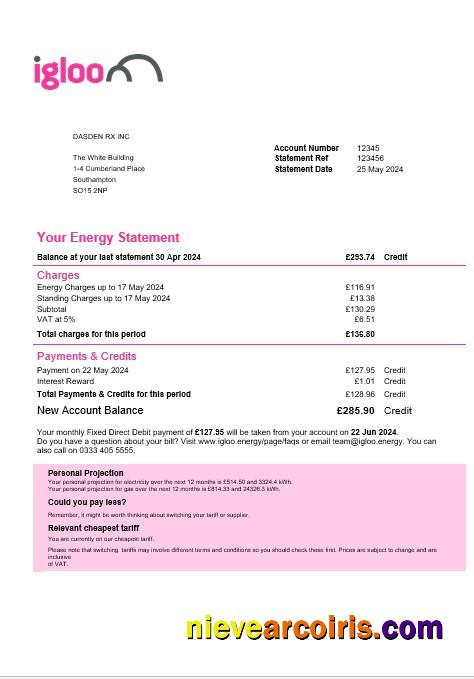 United Kingdom Igloo Energy business utility bill